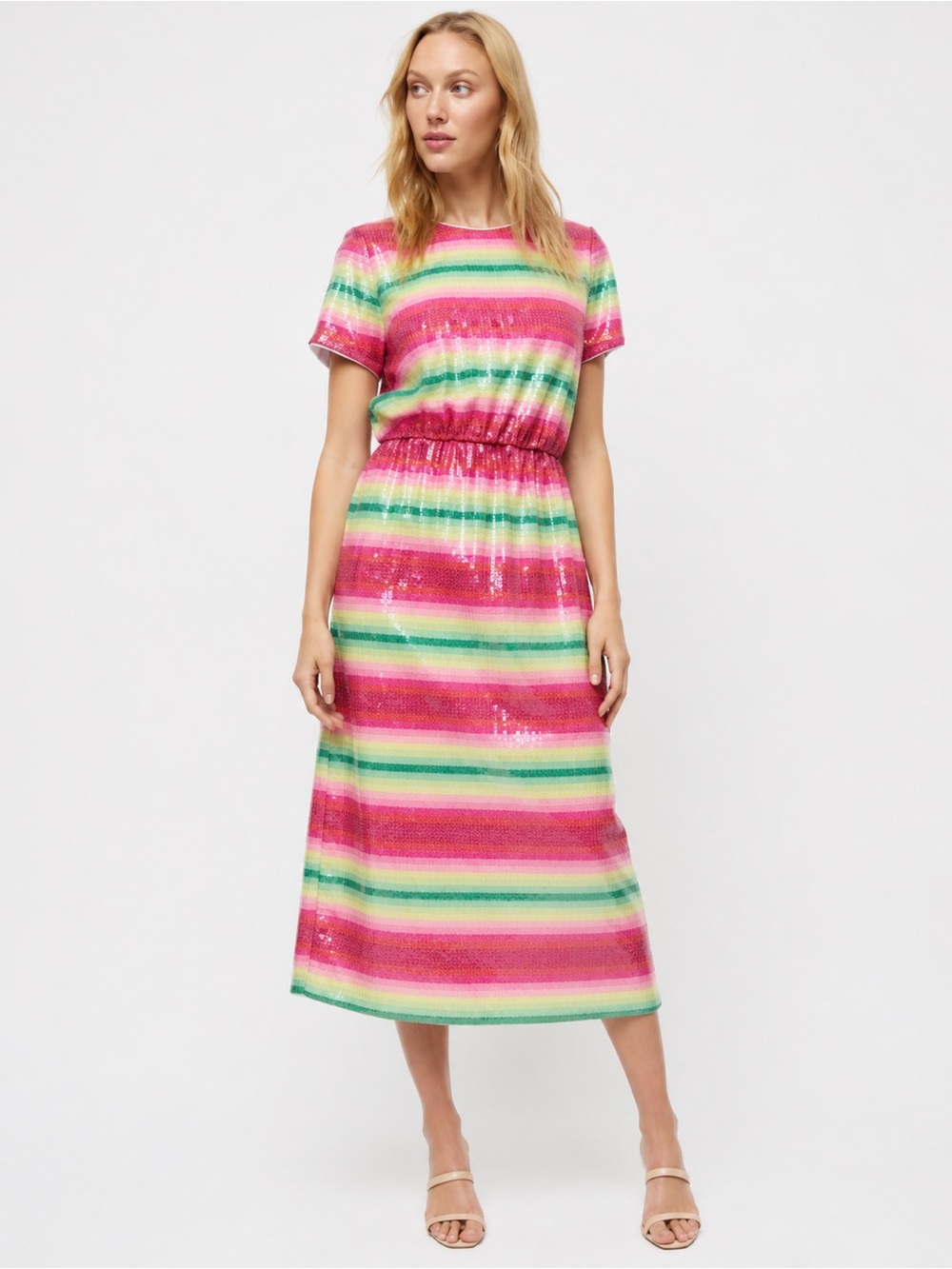 J. Crew Striped Sequin Midi Dress in Pink and Green